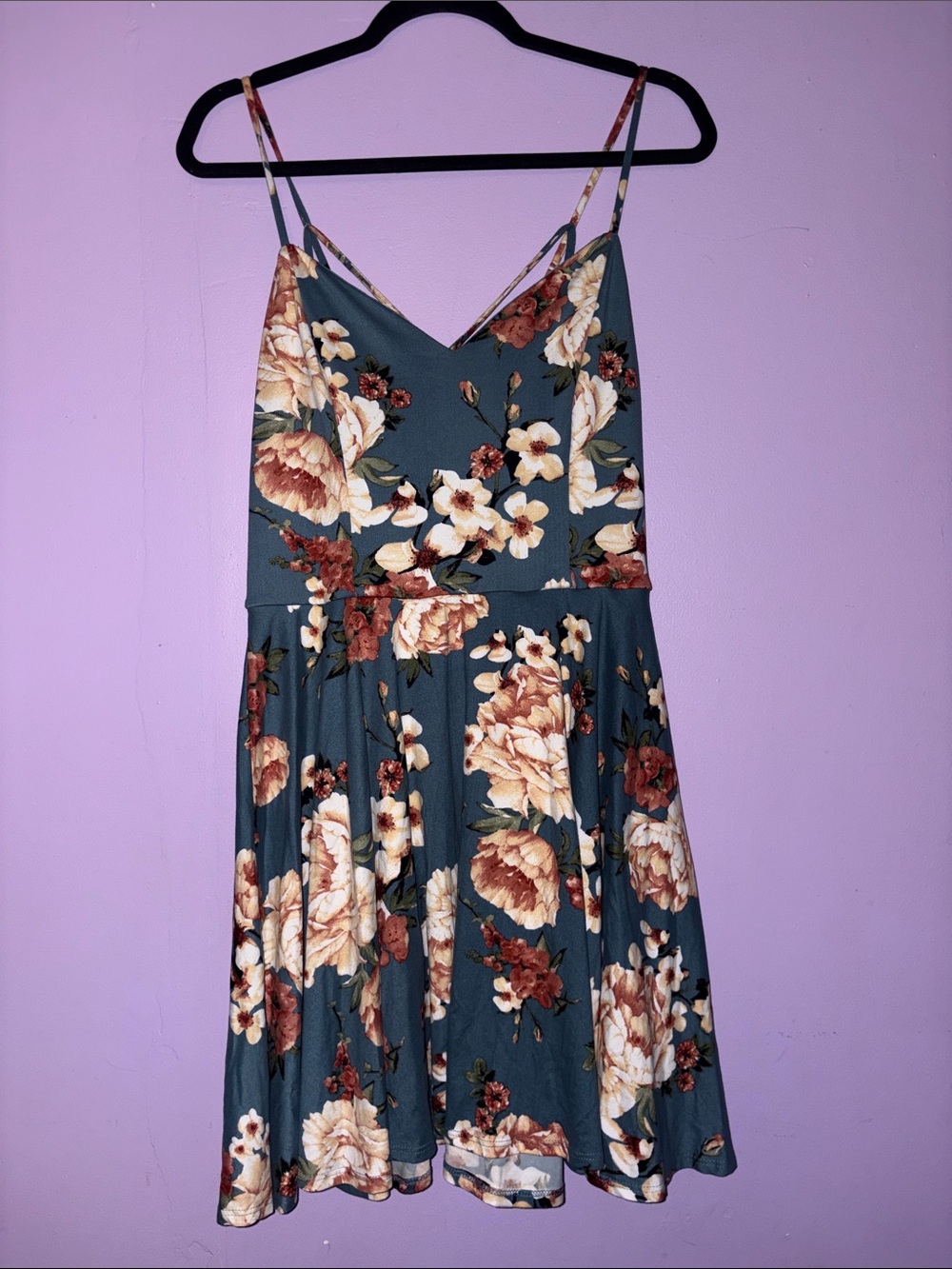 I.N. San Francisco Floral Spaghetti Strap Mini Dress - blue/burnt orange/cream